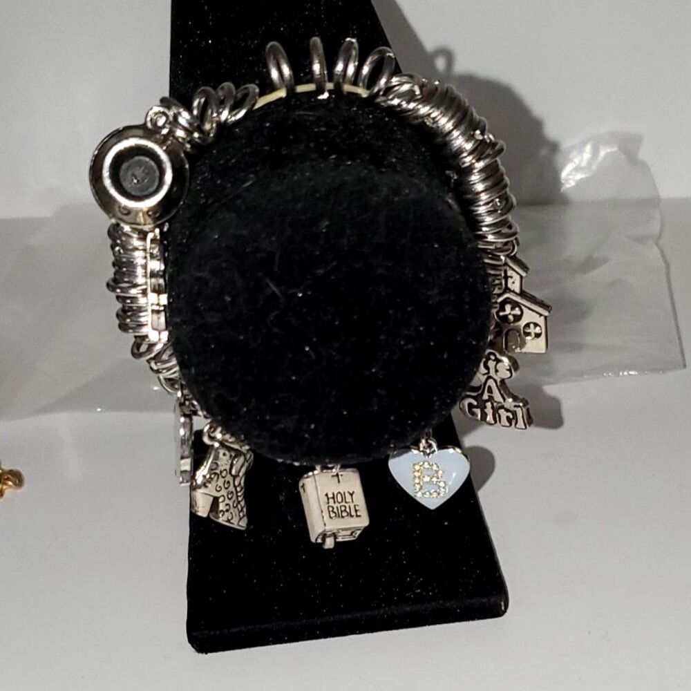 Charm Bracelet Mom Themed Stretchy Silver Tone Bible Boot Dog Bowl Church